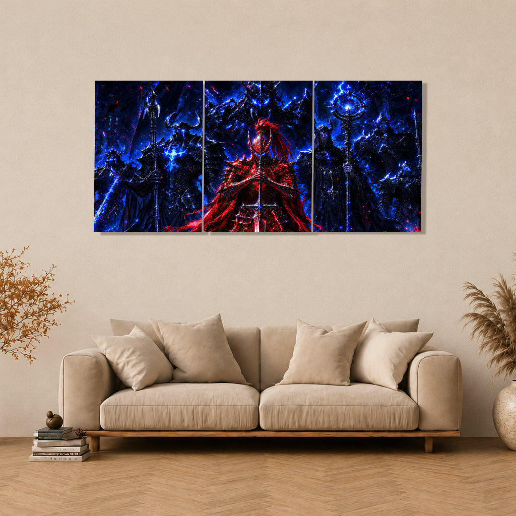 Sung Jin-woo Shadow Army 3-piece metal wall art from Solo Leveling in a living room