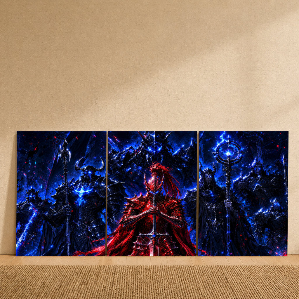 Sung Jin-woo Shadow Army 3-piece metal wall art from Solo Leveling above a gaming desk
