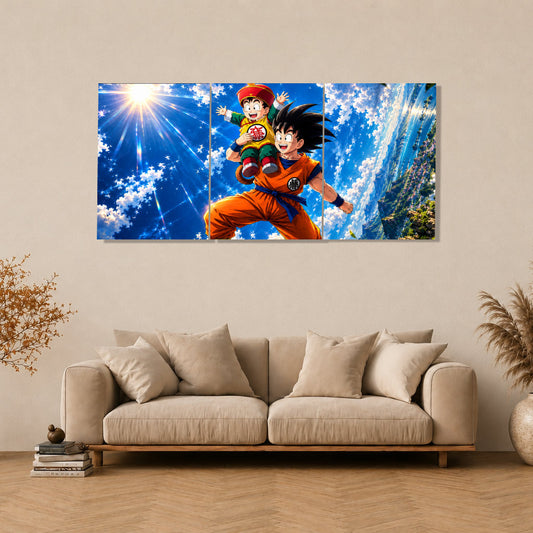 Goku and Goten 3-piece metal wall art from Dragon Ball Z in a living room