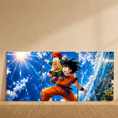 Goku and Goten 3-piece metal wall art from Dragon Ball Z above a desk setup